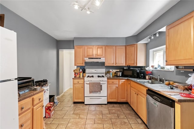 kitchen with light brown cabinetry, under cabinet range hood, a sink, white appliances, and a toaster