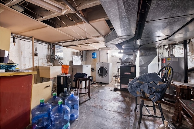 unfinished basement featuring water heater, independent washer and dryer, and electric panel