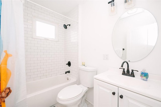 bathroom with toilet, vanity, and shower / bath combination with curtain