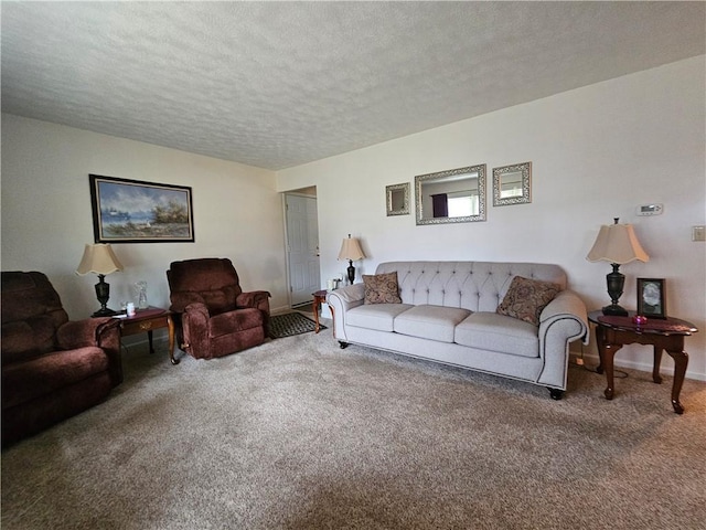 carpeted living area with a textured ceiling and baseboards