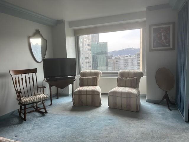 living area featuring carpet floors and ornamental molding