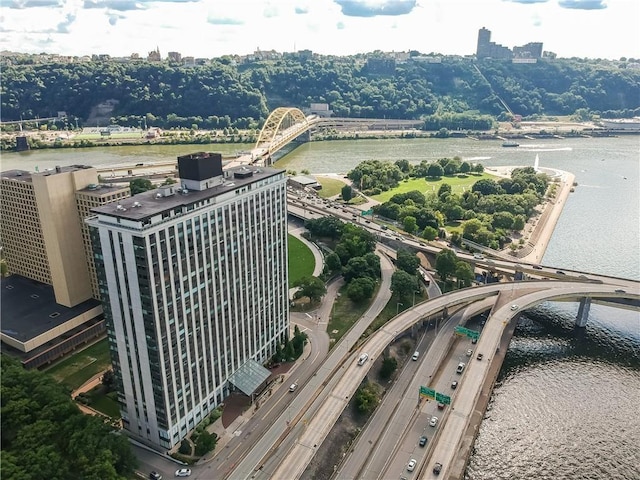 bird's eye view with a water view