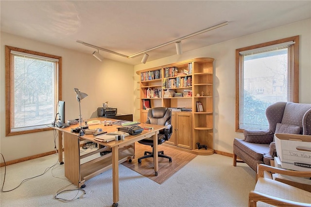 office space with baseboards, light colored carpet, and rail lighting