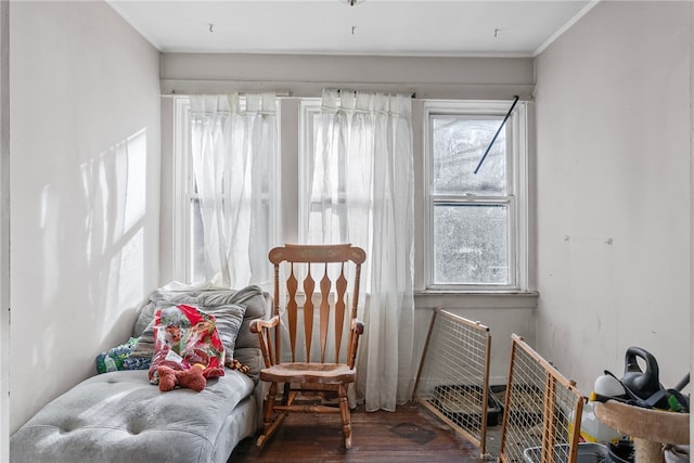 sitting room featuring hardwood / wood-style floors and ornamental molding