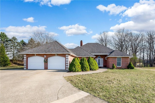 ranch-style home featuring driveway, an attached garage, a chimney, a front lawn, and french doors