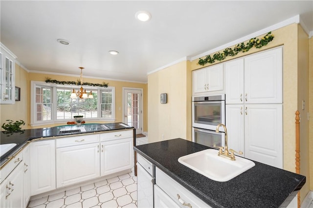 111 Saddlebrook Cir, Twp Of But Nw, PA 16001 - kitchen featuring a chandelier, double wall oven, a sink, white cabinetry, and ornamental molding