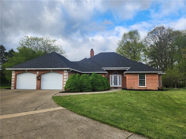 111 Saddlebrook Cir, Twp Of But Nw, PA 16001 - single story home featuring driveway, a chimney, french doors, a front lawn, and a garage