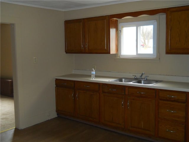 kitchen with light countertops, brown cabinetry, and a sink