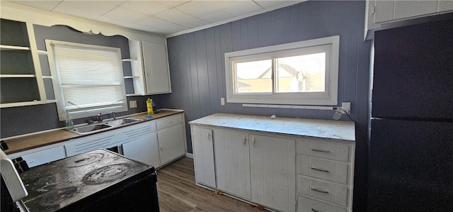 kitchen featuring wood finished floors, open shelves, freestanding refrigerator, a sink, and range with electric stovetop