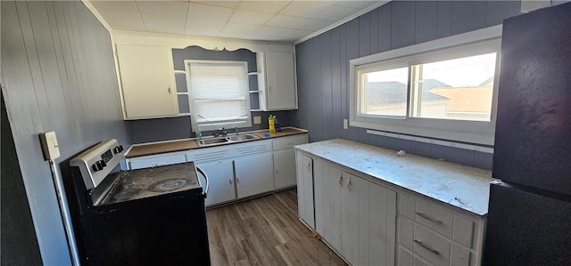 kitchen with a sink, dark wood finished floors, stainless steel electric range, freestanding refrigerator, and open shelves