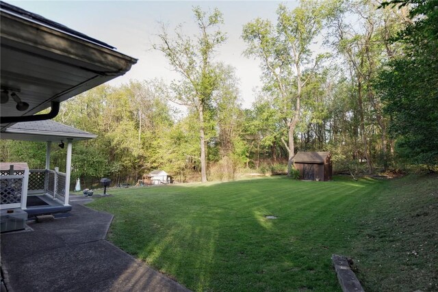 view of grassy yard featuring a shed, an outdoor structure, and a patio