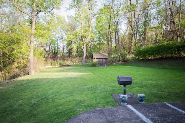 view of green lawn with a shed and an outdoor structure