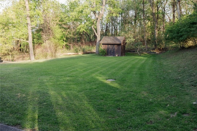 view of grassy yard with a storage unit and an outbuilding