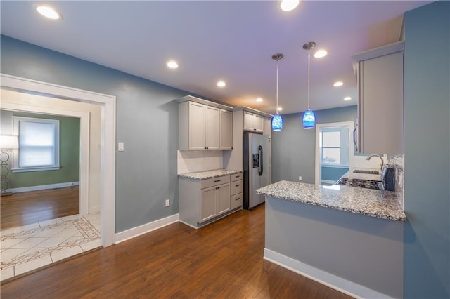 3361 Portola Ave, Observatory Hill, PA 15214 - kitchen featuring stainless steel refrigerator with ice dispenser, gray cabinetry, dark wood-style flooring, and recessed lighting