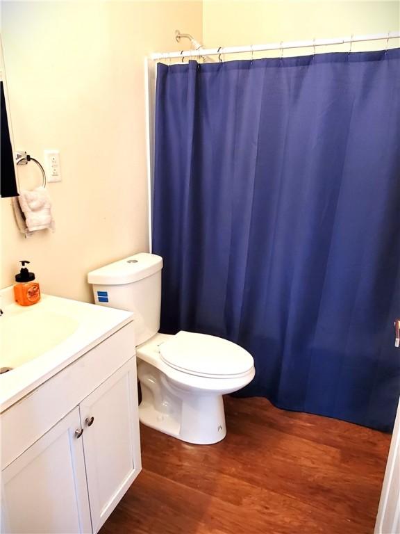 bathroom with toilet, wood finished floors, and vanity