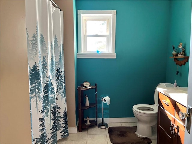310 Church St, Harrisville Boro, PA 16038 - bathroom featuring vanity, tile patterned floors, toilet, baseboards, and curtained shower