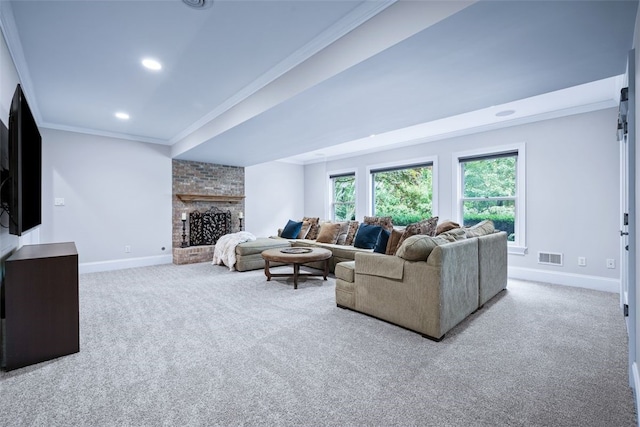 carpeted living room featuring recessed lighting, visible vents, baseboards, and crown molding
