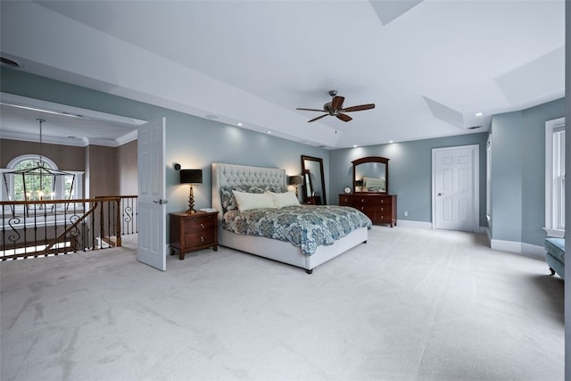 carpeted bedroom featuring recessed lighting and baseboards
