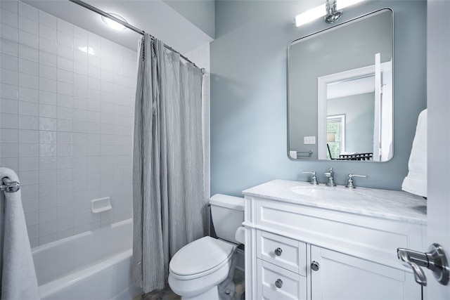 bathroom with vanity, toilet, and shower / bathtub combination with curtain