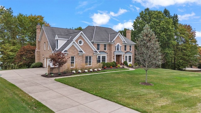 view of front facade featuring a front yard, driveway, an attached garage, a chimney, and brick siding
