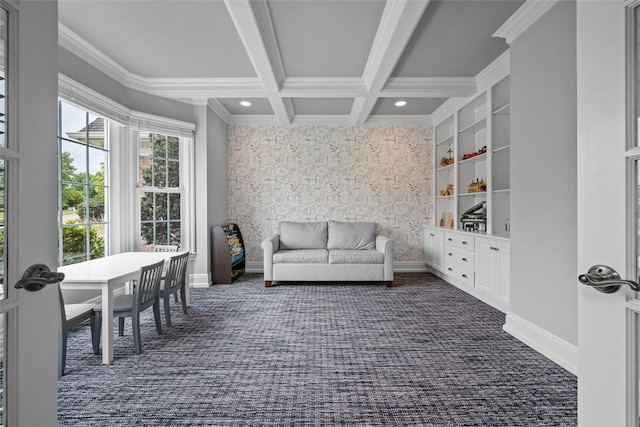 sunroom featuring beamed ceiling and coffered ceiling