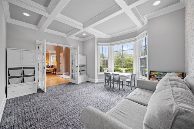 carpeted living room featuring beamed ceiling, recessed lighting, and coffered ceiling