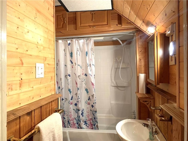 406 Peach St, City Of But Ne, PA 16001 - full bathroom with wooden walls, shower / bathtub combination with curtain, and a sink