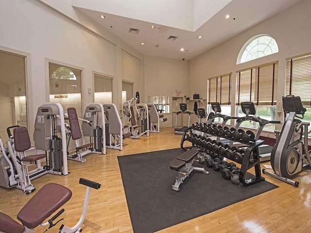 232 Adams Pointe Blvd Unit 6, Adams Twp, PA 16046 - gym with a towering ceiling, plenty of natural light, wood finished floors, and recessed lighting