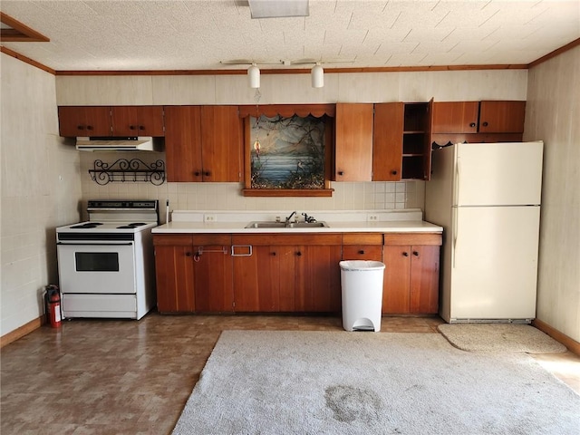 201 2nd St, City Of But Ne, PA 16001 - kitchen featuring brown cabinets, a sink, white appliances, light countertops, and under cabinet range hood