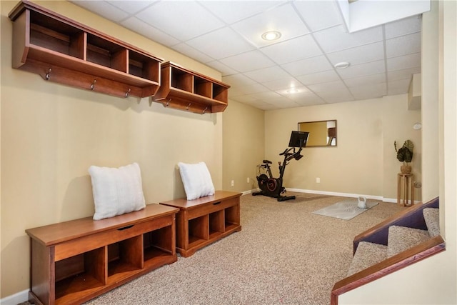 workout area featuring carpet flooring, baseboards, and a drop ceiling