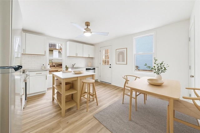 5021 Broad St, Garfield, PA 15224 - kitchen with freestanding refrigerator, light wood-style floors, light countertops, and a ceiling fan