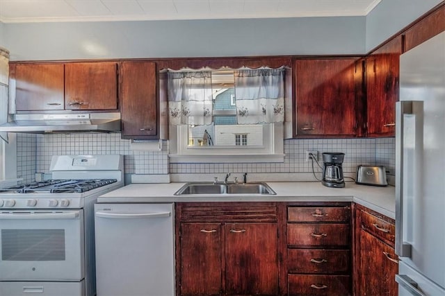kitchen with white appliances, under cabinet range hood, a sink, ornamental molding, and light countertops