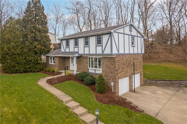 tudor house with a garage, a front lawn, brick siding, and driveway