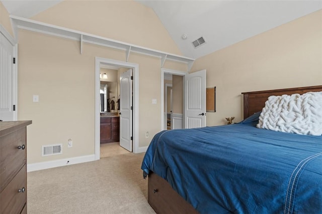 bedroom featuring light carpet, visible vents, baseboards, and lofted ceiling