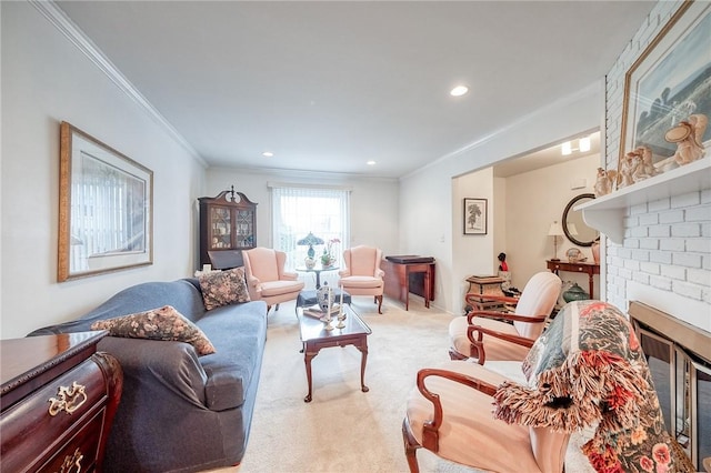 living area with crown molding, a brick fireplace, recessed lighting, and light carpet