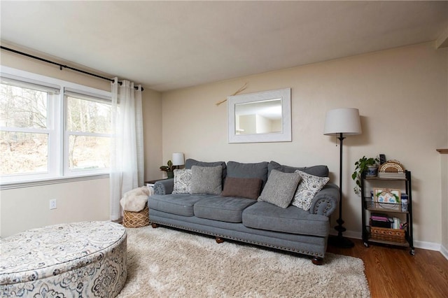 living area with baseboards and wood finished floors