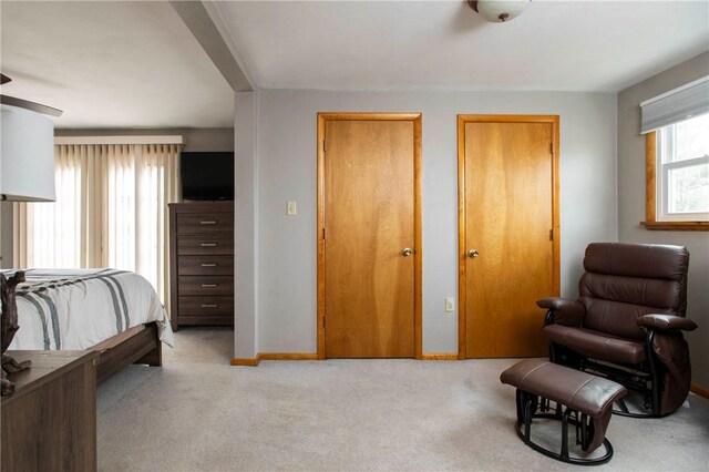 bedroom featuring carpet, baseboards, and two closets