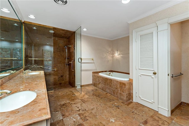 2172 Hycroft Dr, Upper St Clair, PA 15241 - bathroom with a garden tub, crown molding, a shower stall, double vanity, and recessed lighting