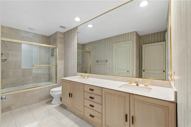2172 Hycroft Dr, Upper St Clair, PA 15241 - full bath with tiled shower / bath combo, tile patterned flooring, double vanity, recessed lighting, and toilet