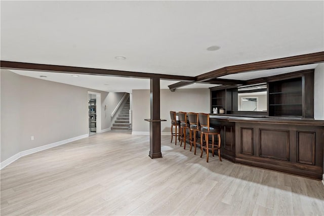 2172 Hycroft Dr, Upper St Clair, PA 15241 - indoor wet bar featuring stairway, light wood finished floors, baseboards, and beamed ceiling