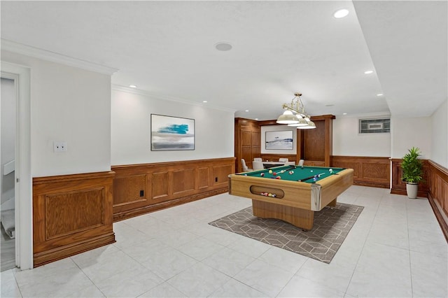 2172 Hycroft Dr, Upper St Clair, PA 15241 - recreation room with wainscoting, crown molding, pool table, recessed lighting, and light tile patterned flooring