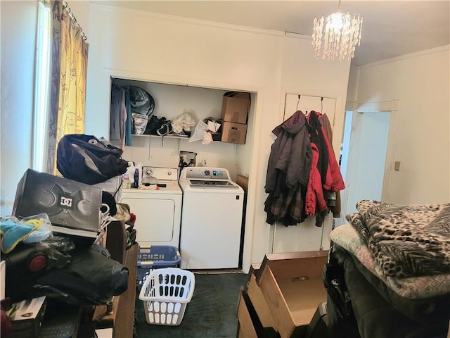 848 Arlington Ave, New Castle/5Th, PA 16101 - washroom with washing machine and dryer, ornamental molding, and a chandelier