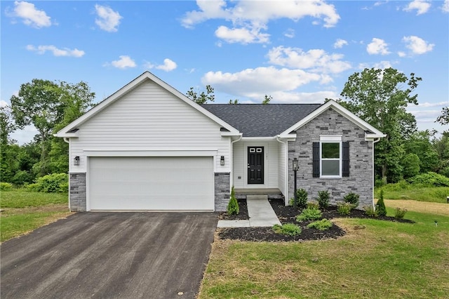 121 Samantha Dr, Center Twp, PA 15061 - ranch-style house with stone siding, asphalt driveway, an attached garage, and a front lawn
