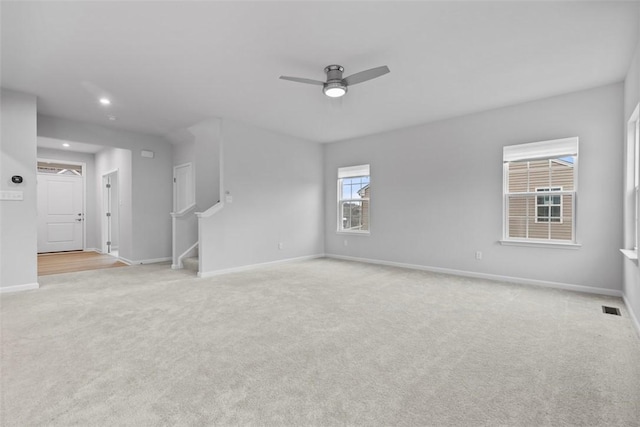 130 Arnoni Dr, Jefferson Hills, PA 15025 - unfurnished living room featuring light carpet, a ceiling fan, stairway, baseboards, and recessed lighting