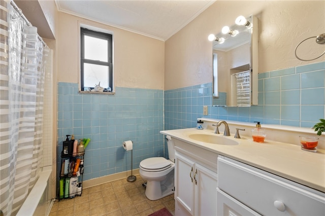 bathroom featuring tile walls, crown molding, toilet, and vanity