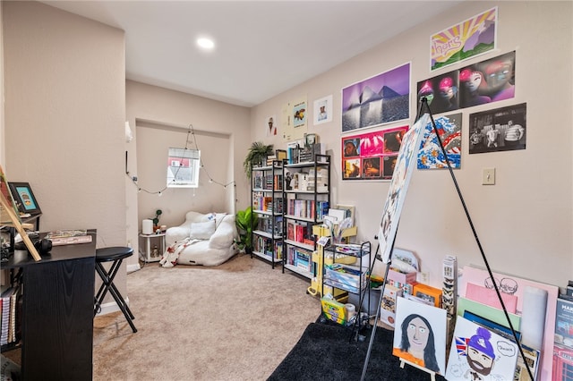 rec room featuring carpet flooring