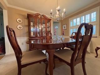 carpeted dining room featuring an inviting chandelier, ornamental molding, and wainscoting