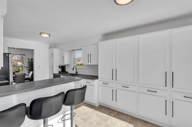 kitchen with dark countertops, decorative backsplash, plenty of natural light, and a sink