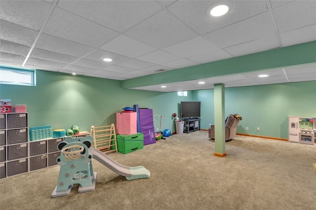 playroom featuring visible vents, baseboards, a drop ceiling, carpet flooring, and recessed lighting