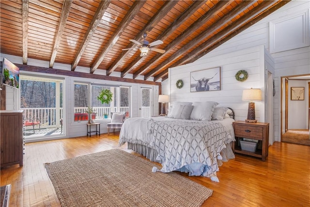 260 Stouffer Hill Rd, Somerset Twp, PA 15541 - bedroom featuring light wood finished floors, wooden ceiling, lofted ceiling with beams, and access to exterior